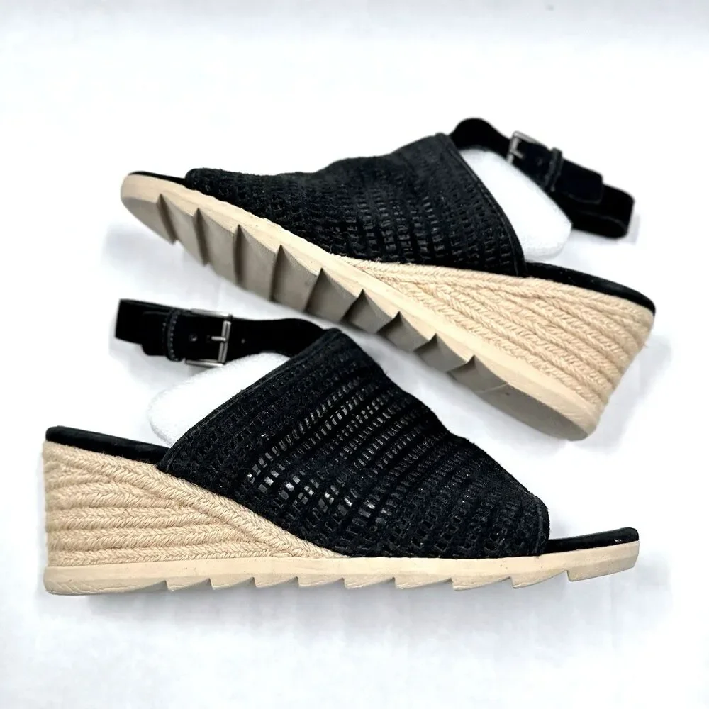 Eileen Fisher Espadrille Sandals 9 Aura Black Suede Mesh Slingback Wedge Shoes